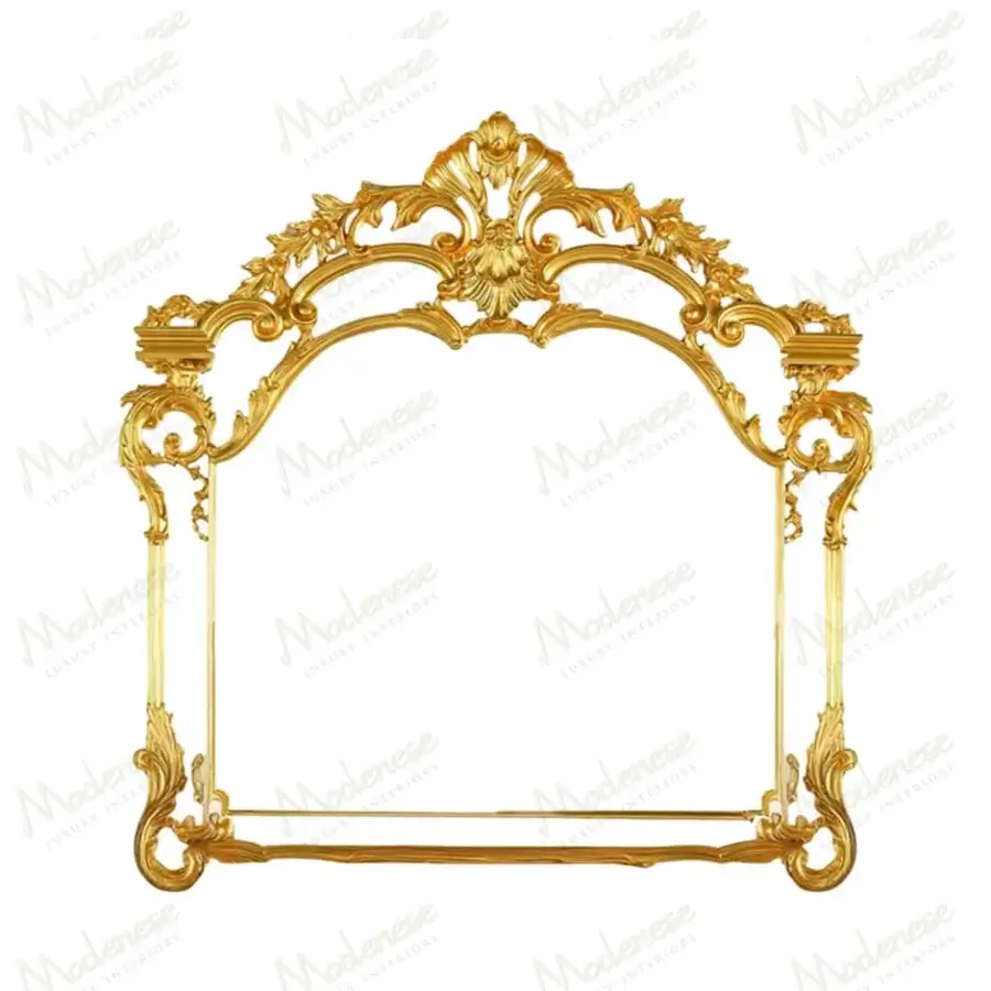 Lavish Modenese Midnight Moon mirror crafted in Italy with ornate floral arrangements and glossy golden wood finish