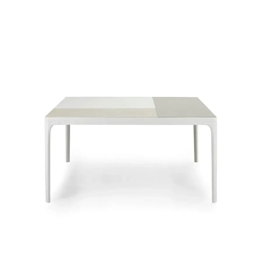 Exceptional Ethimo Play table with a two-tone wood and smooth surface top supported by matte white metal legs