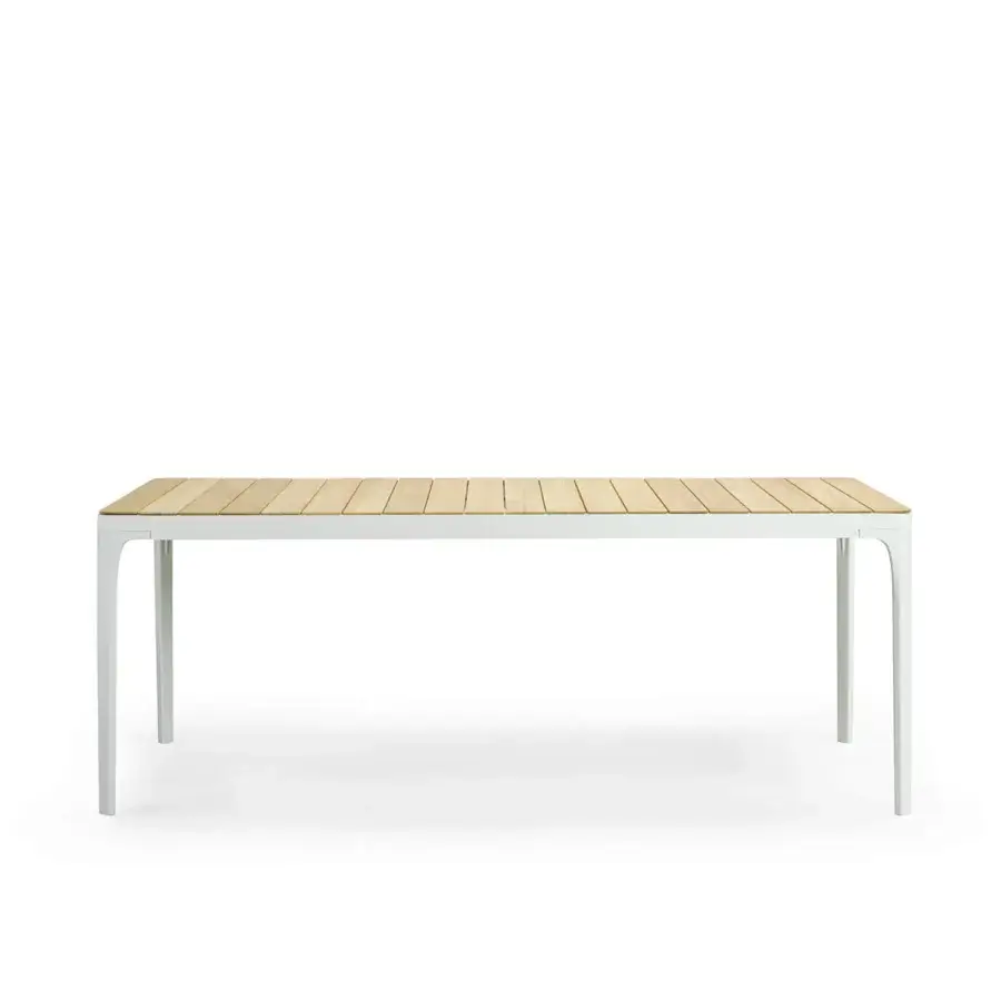 Harmonious Ethimo Play table crafted in light-brown slatted wood with a matte light-grey metal frame for relaxed outdoor use