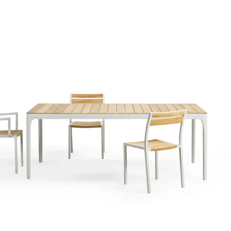 Superior Ethimo Play table crafted in warm wood with visible grain and a sleek neutral-finished metal base