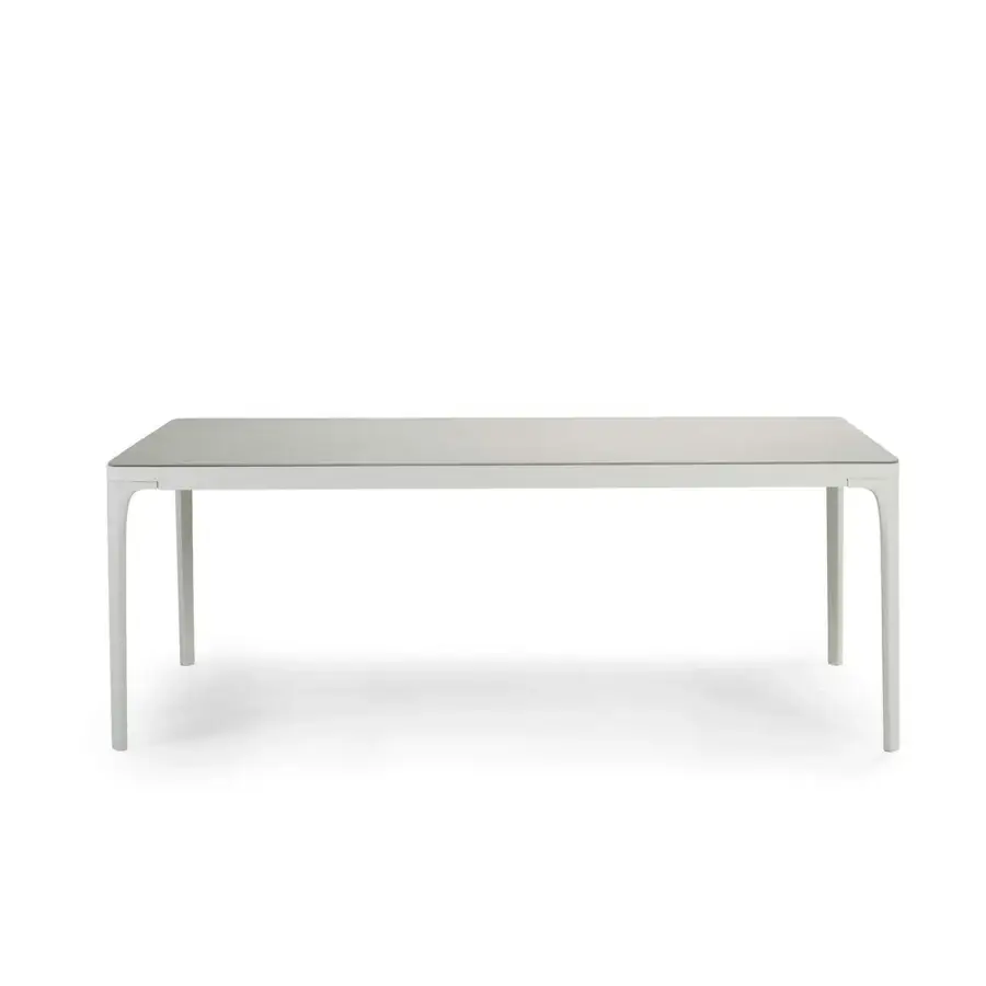 Exceptional Ethimo Play table crafted in neutral tones with satin-finish metal legs and a smooth matte tabletop