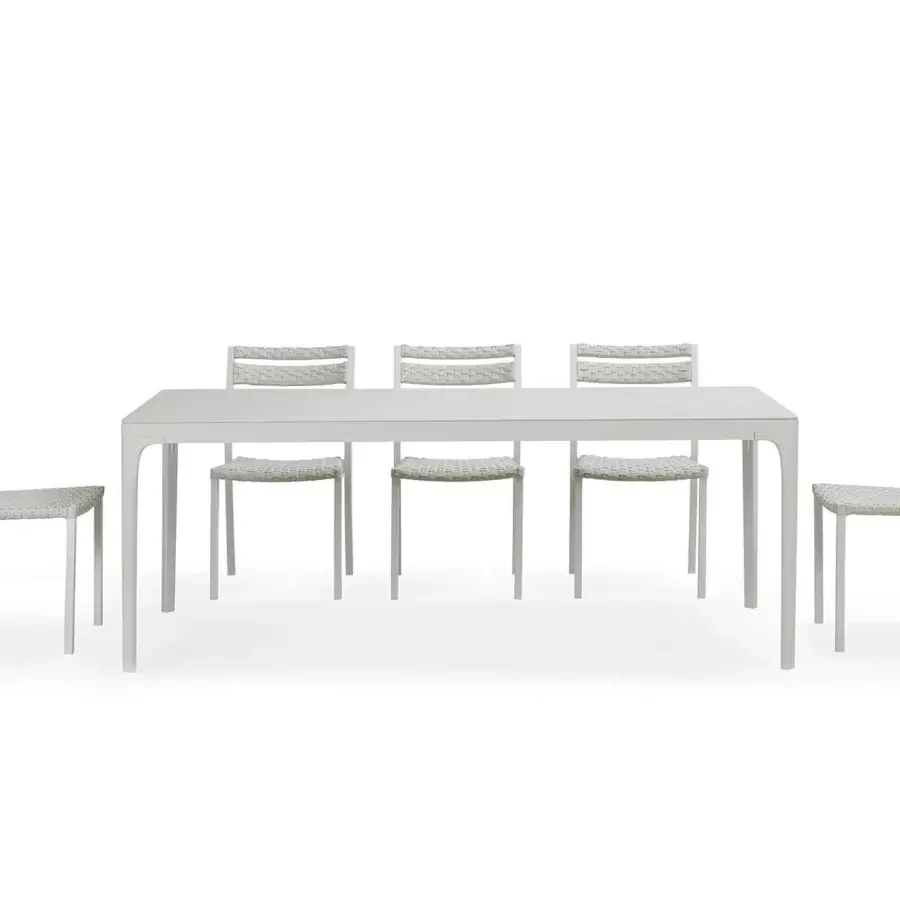 Sophisticated Ethimo Play table crafted with light gray textile and matte metal in harmonious geometries