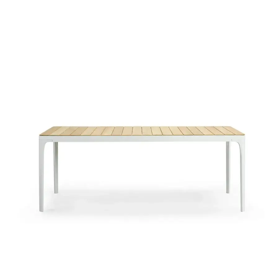 Distinguished Ethimo Play table crafted in light-toned wood slats with a matte white metal frame and harmonious architecture