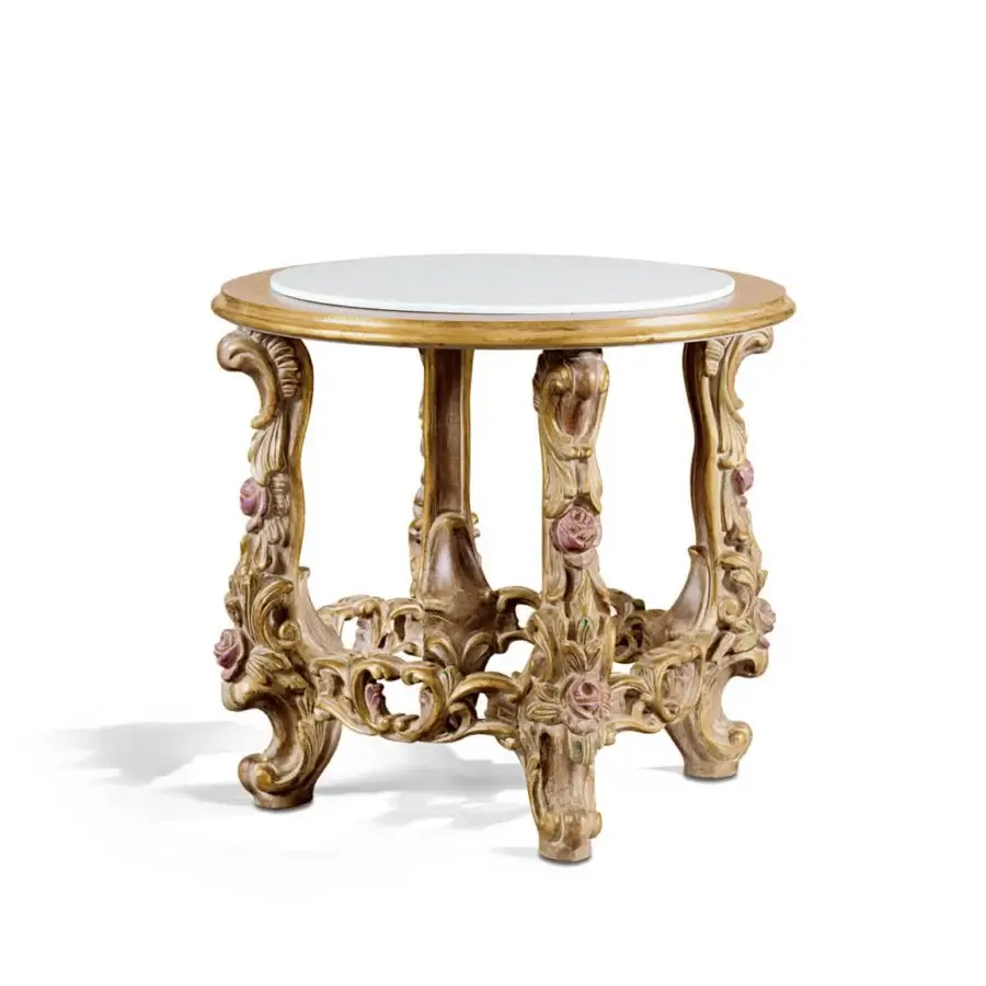 Distinguished Zanaboni Vienna side table with marble top and exquisitely detailed wooden structure finished in antique decapé with gold details