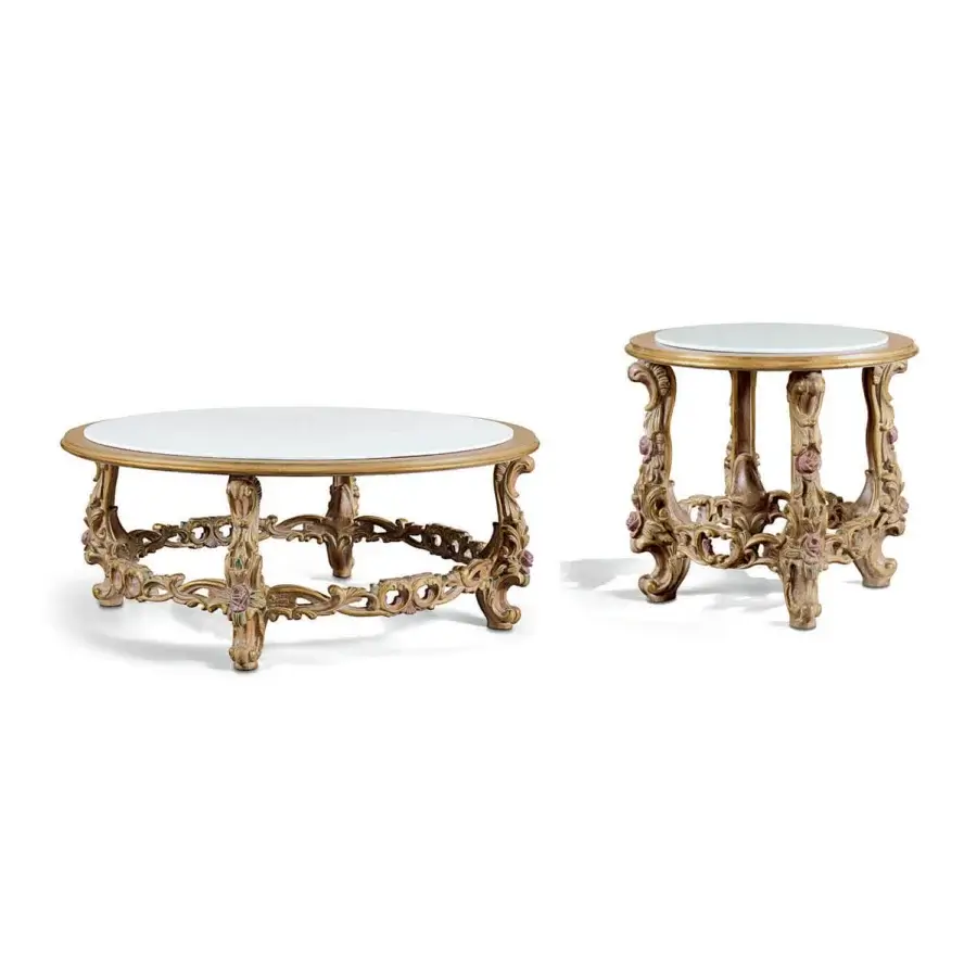 Exquisite Zanaboni Vienna side table with marble top and richly decorated wooden structure in gold and blush tones