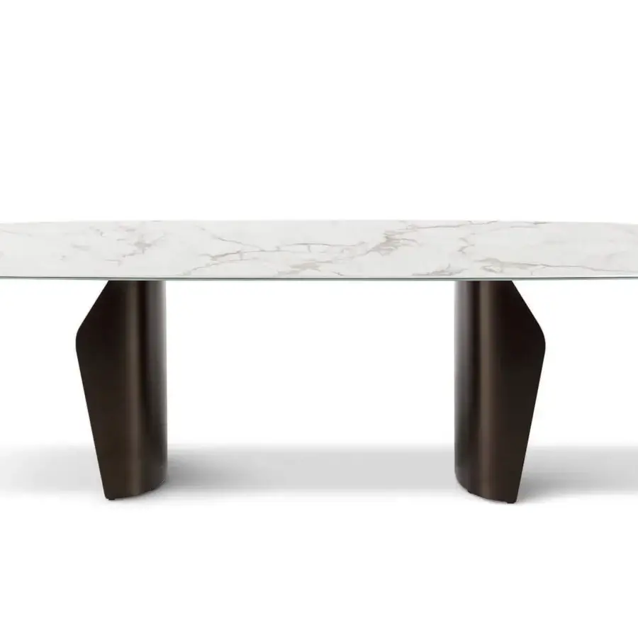 Distinguished Bonaldo Flame table with a white ceramic top displaying grey veining and a dark metal pedestal base