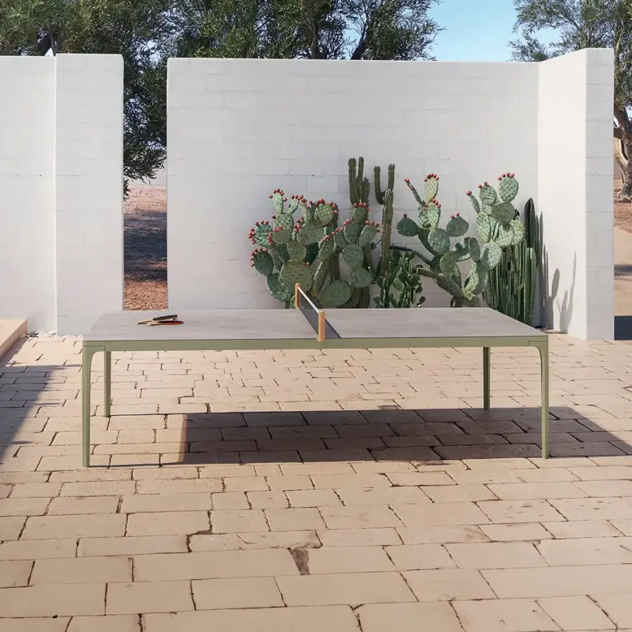 Distinguished Ethimo Play table tennis table with light-colored wood tabletop and matte olive green metal frame crafted in Italy