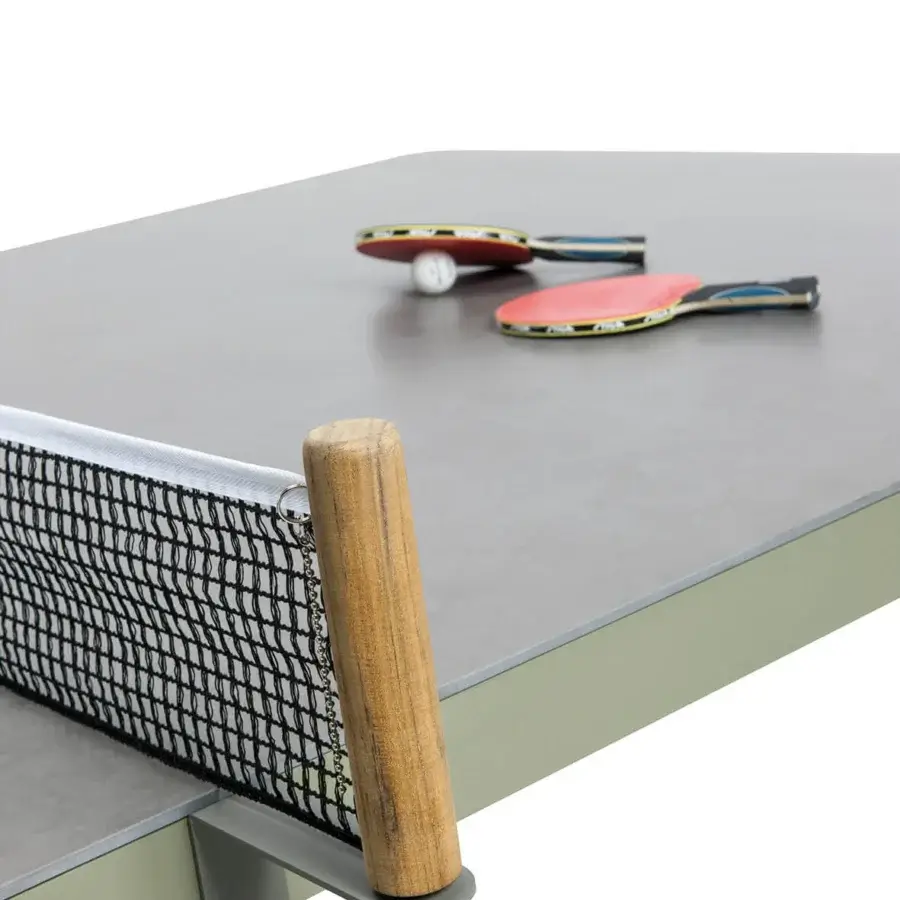Elegant Ethimo Play table tennis table with matte dark gray tabletop and muted olive green metal frame