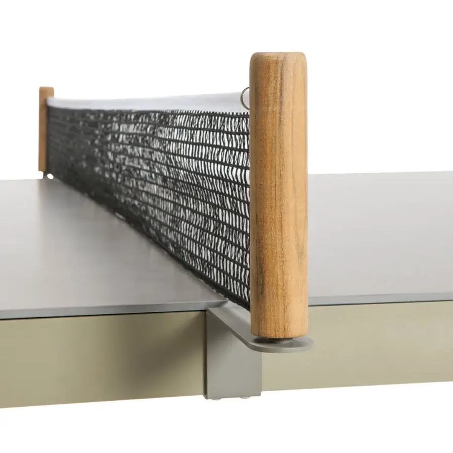 Distinguished Ethimo Play table tennis table with matte grey tabletop, dark grey textile net and olive green metal frame crafted in Italy