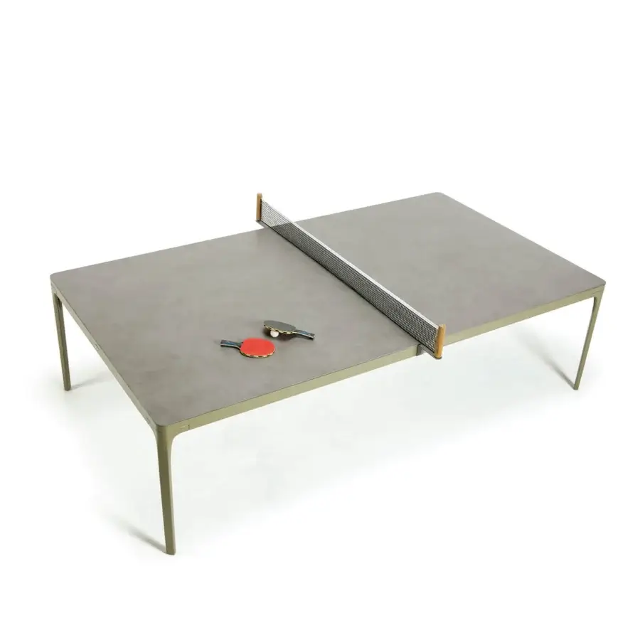 Superior Ethimo Play table tennis table with smooth grey composite tabletop and satin olive-green metal frame