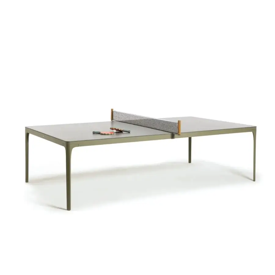 Exceptional Ethimo Play table tennis table with olive green surface, white and dark grey net, crafted in matte metal