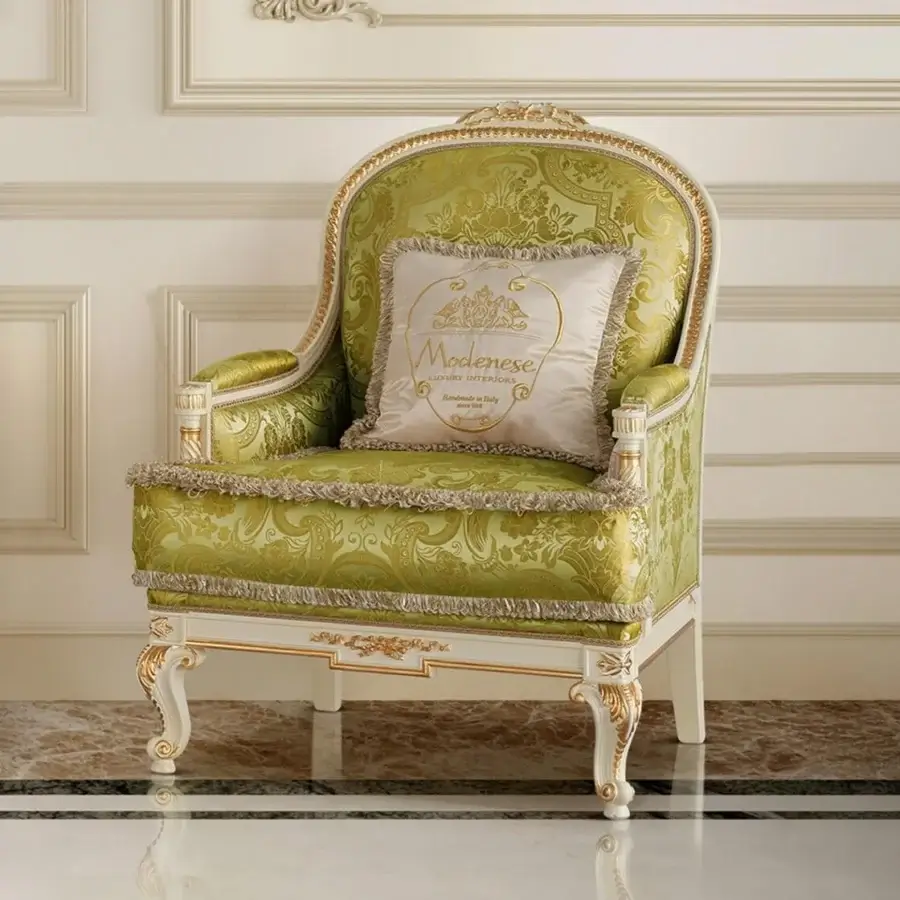 Exclusive Modenese Midnight Moon lounge chair in olive green textile with gold patterns and white wood finish