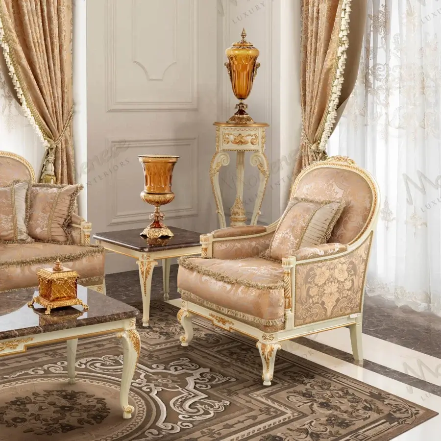 Distinguished Modenese Midnight Moon lounge chair with white wooden frame, blush textile upholstery and gold leaf accents