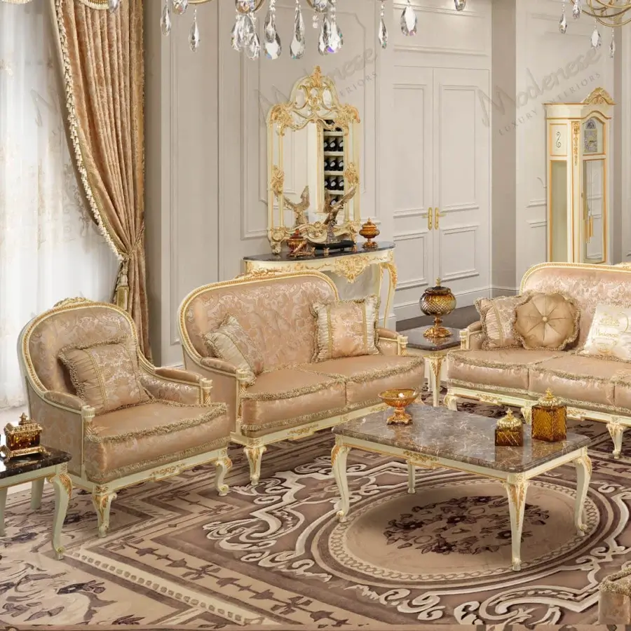 Lavish Modenese Midnight Moon lounge chair with white wooden frame, gold leaf accents and pale beige blush floral textile upholstery