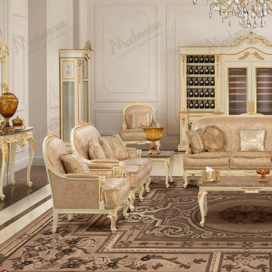 Exquisite Modenese Midnight Moon lounge chair with white wooden frame, gold leaf and beige patterned upholstery