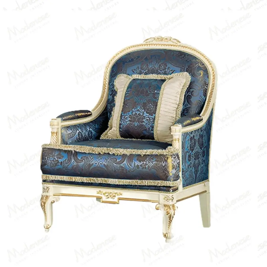 Superior Modenese Midnight Moon lounge chair with white wooden frame, gold leaf, deep blue textile and luxurious fringe