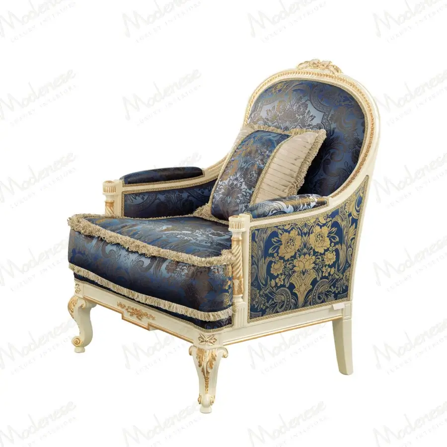 Distinguished Modenese Midnight Moon lounge chair with white wooden frame, gold leaf, and blue patterned upholstery with fringe