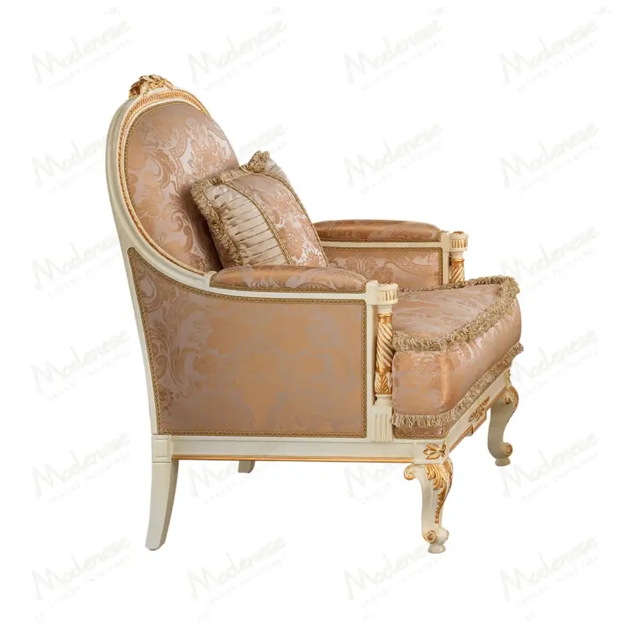 Exquisite Modenese Midnight Moon lounge chair with white wooden frame, gold leaf, peach and beige floral upholstery with golden details and fringe