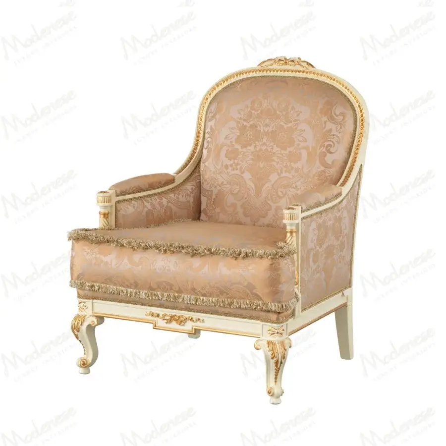 Superior Modenese Midnight Moon lounge chair with white wooden frame, gold leaf and plush upholstery
