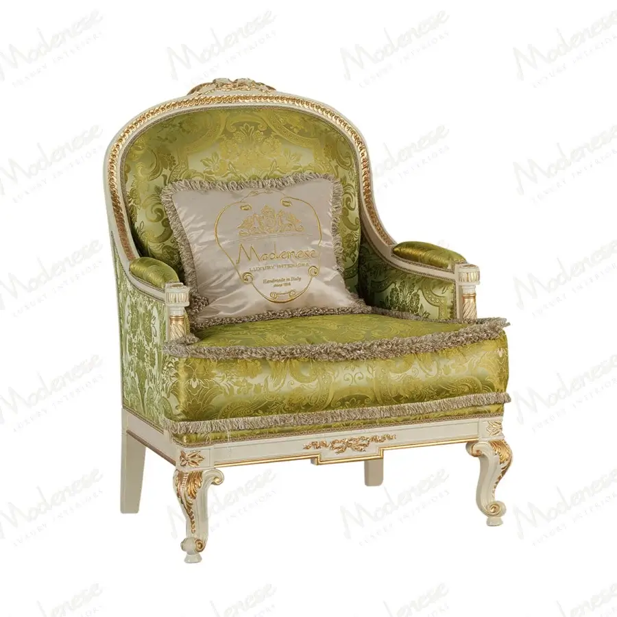 Distinguished Modenese Midnight Moon lounge chair with white wooden frame, gold leaf accents, olive green textile upholstery and luxurious fringe
