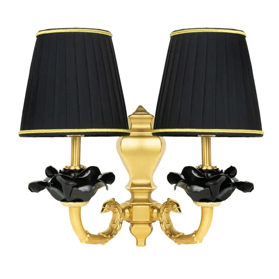 Exquisite Laudarte Era wall lamp with bronze castings, Capodimonte porcelain roses and black pleated lampshades in 24K ancient gold plating
