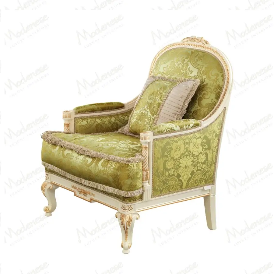 Distinguished Modenese Midnight Moon lounge chair with white wooden frame, gold leaf detailing and light green floral upholstery