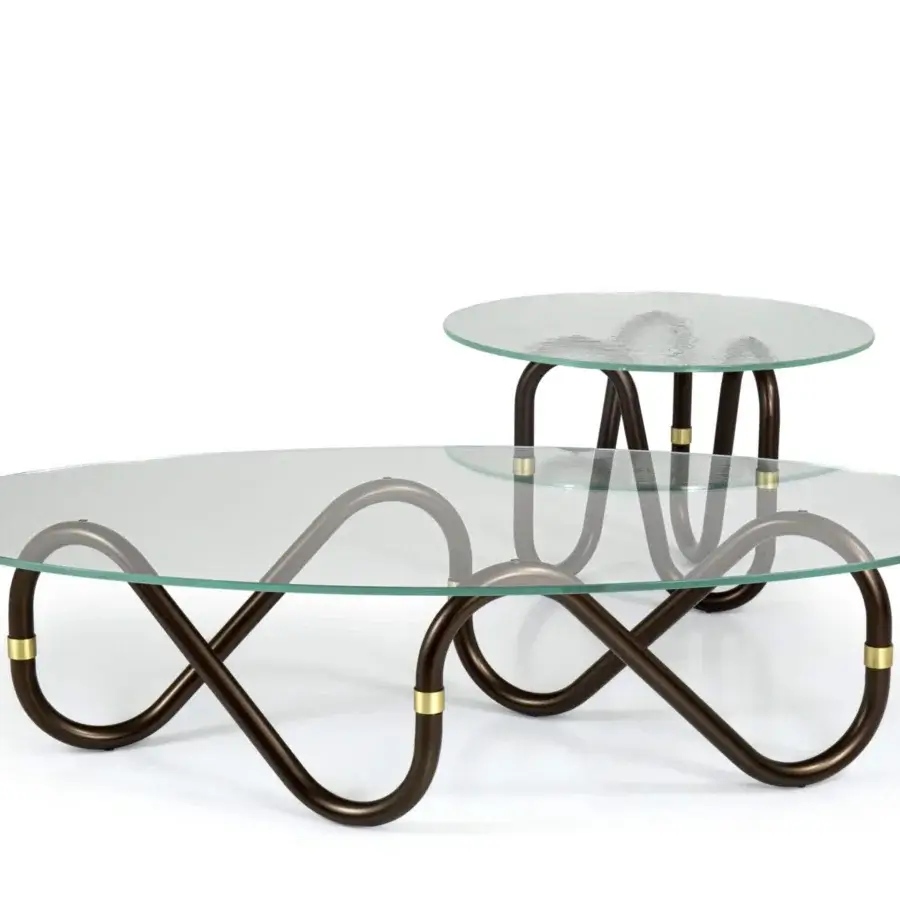 Superior Borzalino Flow coffee table with continuously curved bronzed metal base and clear glass top crafted in Italy