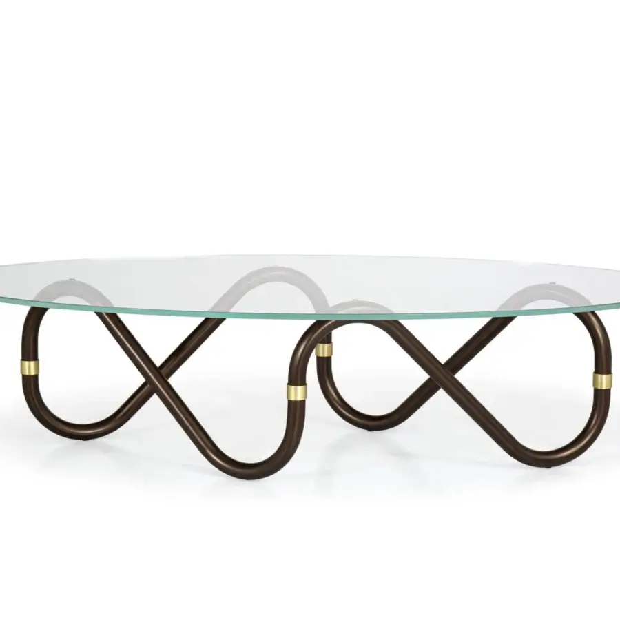 Distinguished Borzalino Flow coffee table with looping dark-toned wood base and clear glass top accented with brass joint rings