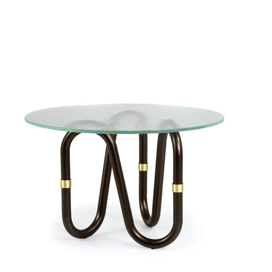 Exceptional Borzalino Flow coffee table in pale green translucent glass and dark bronze-toned metal with a brass joint ring