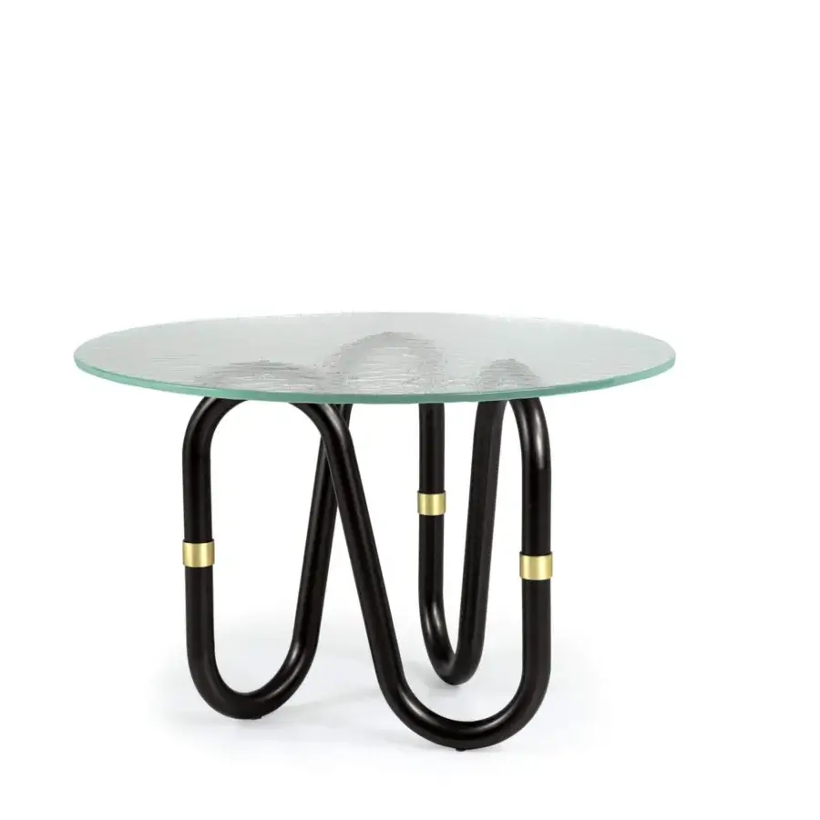 Superior Borzalino Flow coffee table with clear glass top and glossy black metal looping base crafted in Italy