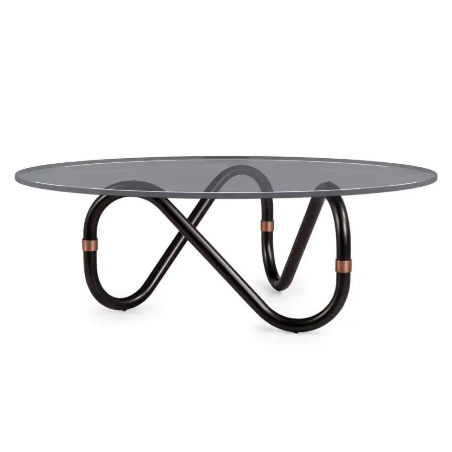 Distinguished Borzalino Flow coffee table with looping metal base and transparent grey-tinted glass top crafted with a matte finish