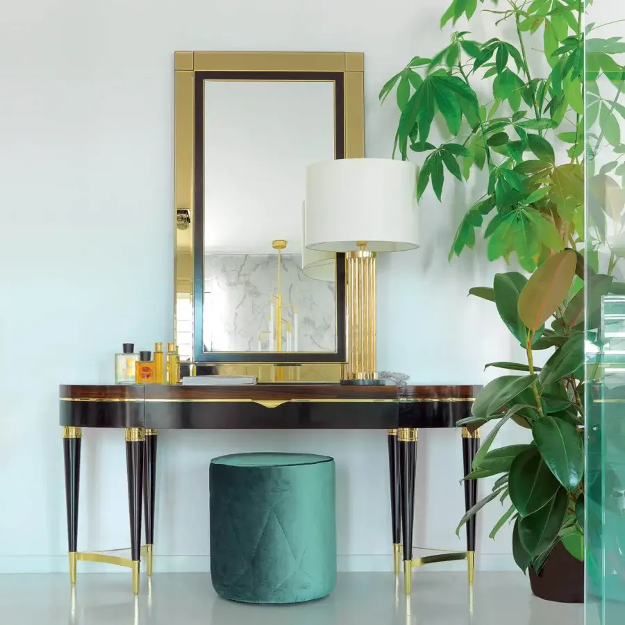 Elegant Zanaboni A/300-DR vanity combining ebony, ziricote, brass and marble with glossy wood finish and gold-toned legs