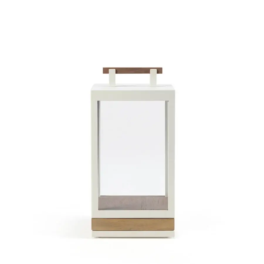 Distinguished Ethimo Carrè table lamp crafted in wood and metal with a smooth matte off-white frame and clear glass panels