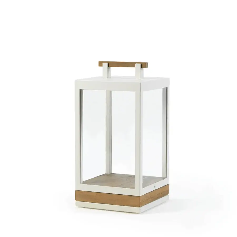 Exceptional Ethimo Carrè table lamp built in wood and off-white metal with clear glass panels and a natural base