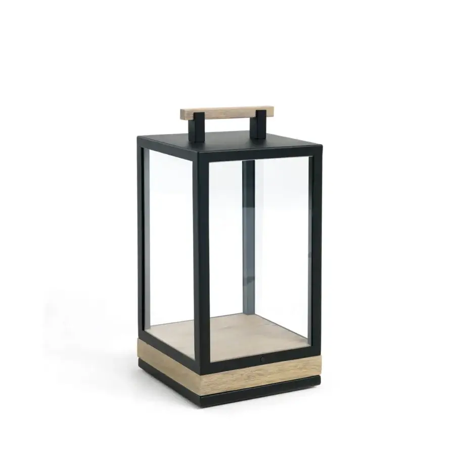 Distinguished Ethimo Carrè table lamp crafted in black metal and light-toned wood with a smooth finish