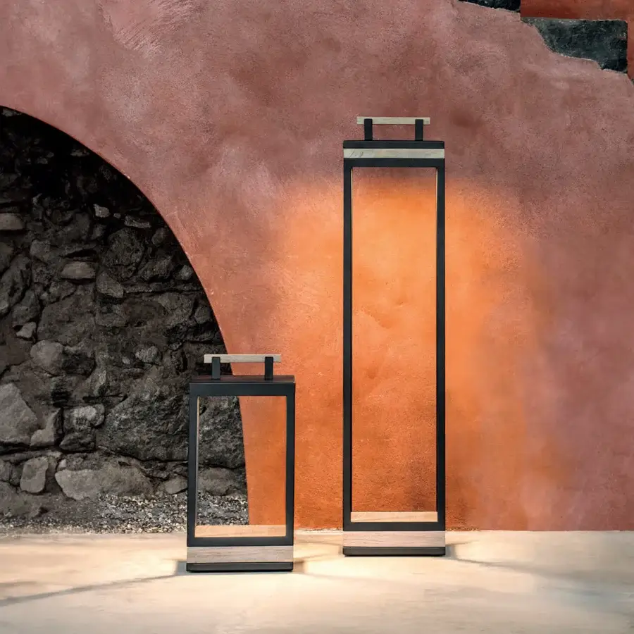 Elegant Ethimo Carrè table lamp with dark-toned wood and sleek metal supports offering a satin finish
