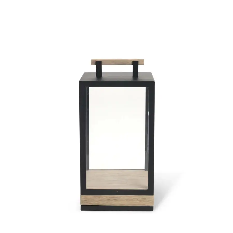 Superior Ethimo Carrè table lamp with a satin wood base and dark matte metal frame encasing transparent glass