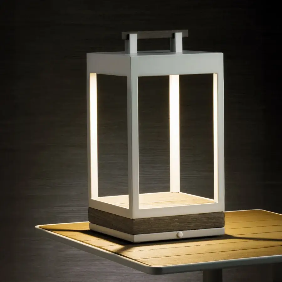 Distinguished Ethimo Carrè table lamp crafted in light gray plastic with a textured darker brown wood base