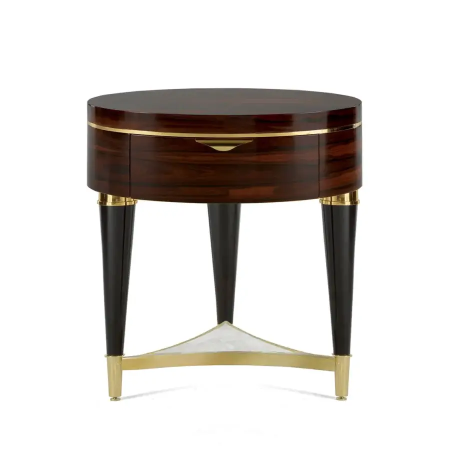 Exceptional Zanaboni A/302-NT nightstand crafted in ebony and ziricote woods with polished brass accents and a precious marble insert with glossy finish