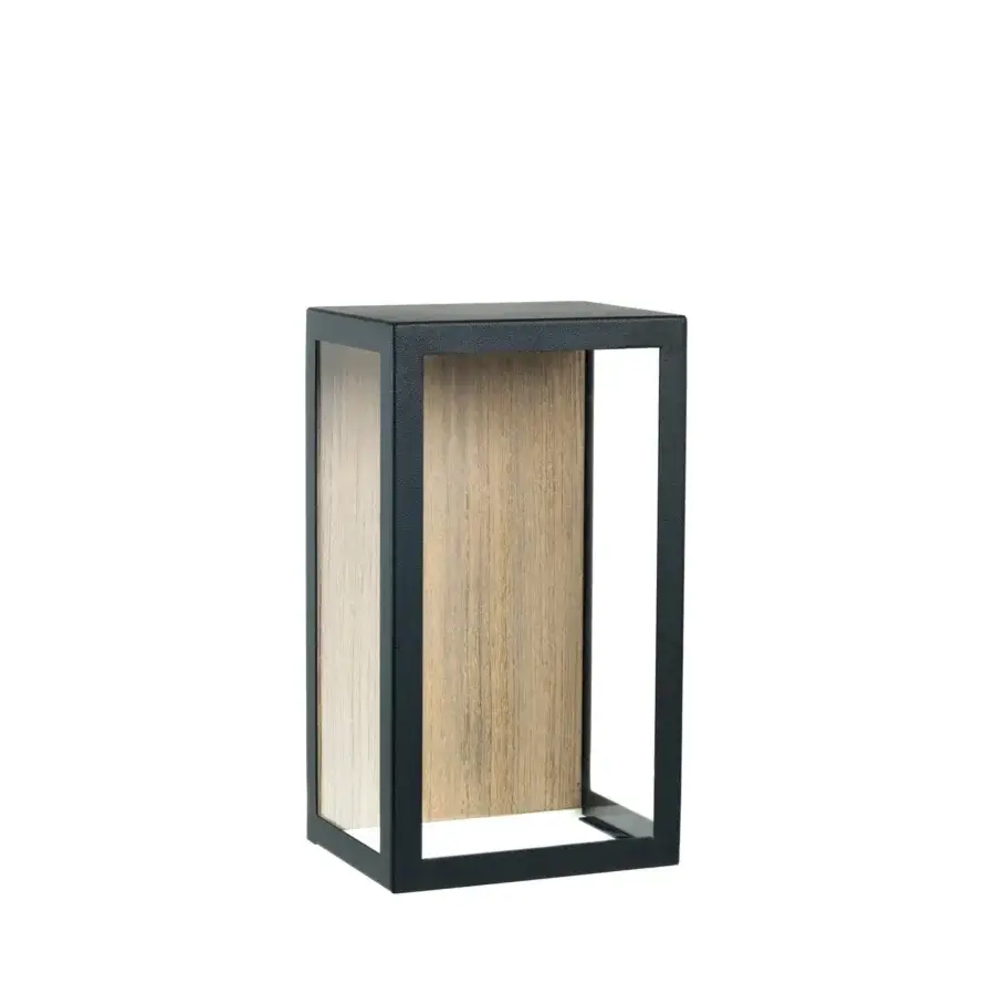 Elegant Ethimo Carrè wall lamp crafted in dark gray textured metal with light brown wood slats for ambient illumination