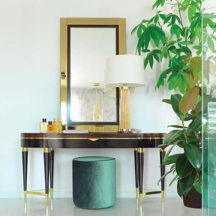 Exclusive Zanaboni A/300-MR mirror with geometric design in polished gold metal and dark contrasting glass