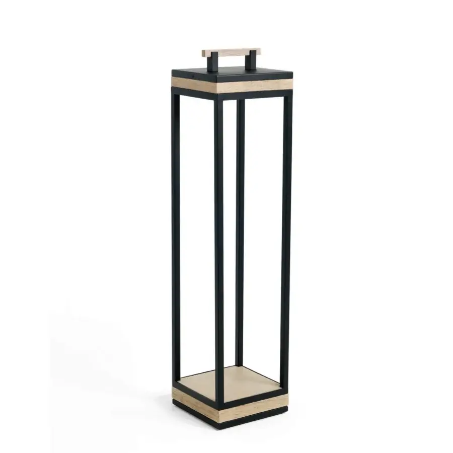 Architectural Ethimo Carrè XL floor lamp with black matte metal and light-toned wood, emitting warm light through wood slats