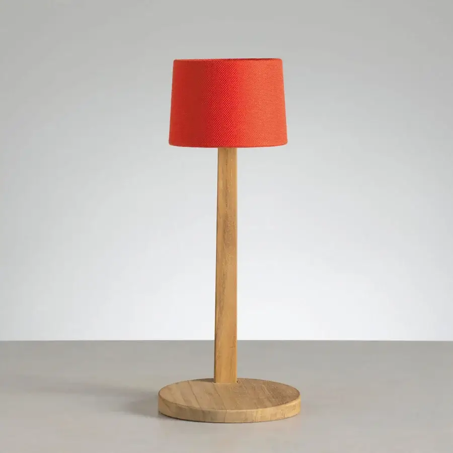 Exceptional Ethimo Gaia table lamp with vibrant red textile shade and warm satin-finish wood construction for customizable illumination