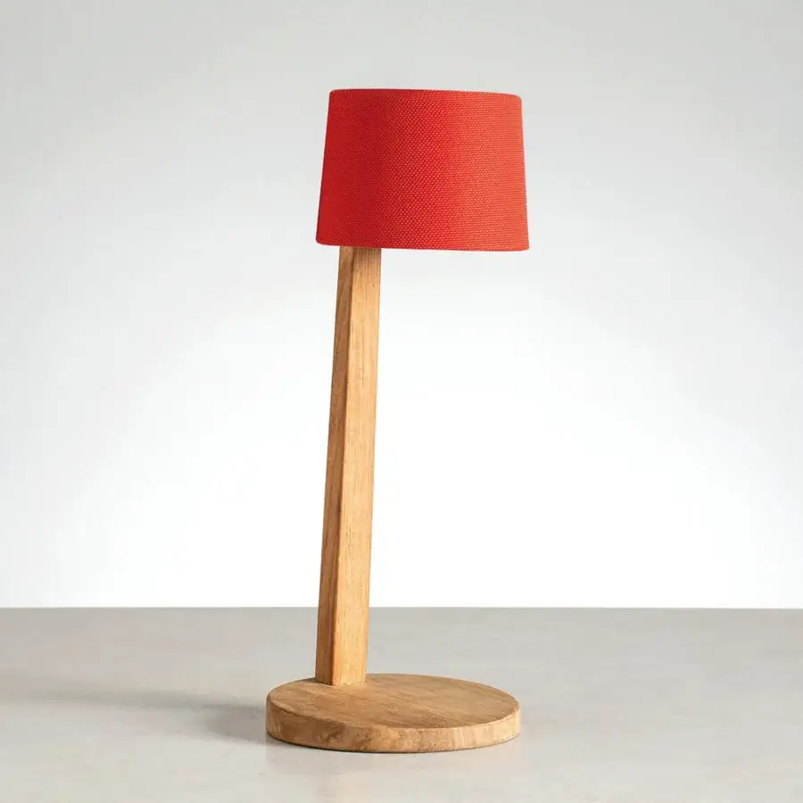 Superior Ethimo Gaia table lamp crafted in wood with matte finish and vibrant red textile shade for ambient illumination
