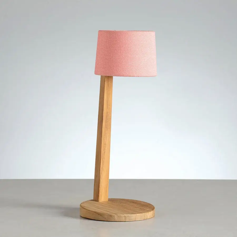 Superior Ethimo Gaia table lamp crafted in wood with satin finish and soft pink textile shade
