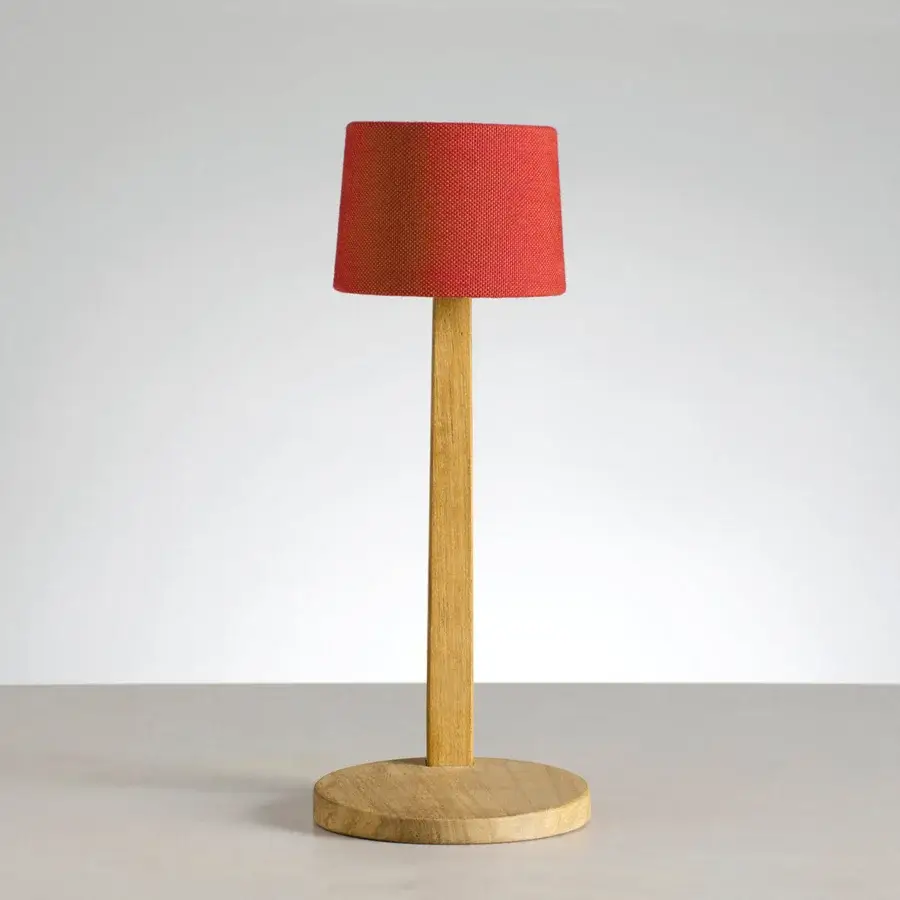 Elegant Ethimo Gaia table lamp with red textile shade crafted in satin wood for adjustable illumination