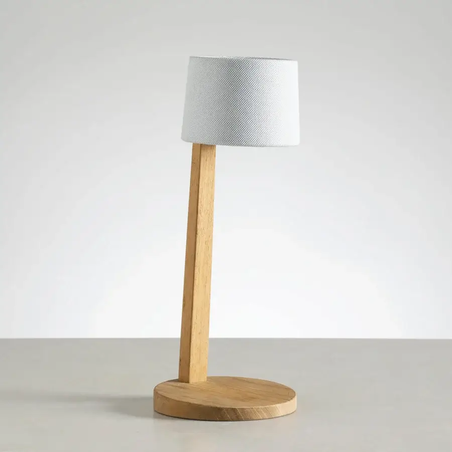 Distinguished Ethimo Gaia table lamp with bright white textile shade crafted in satin light brown wood