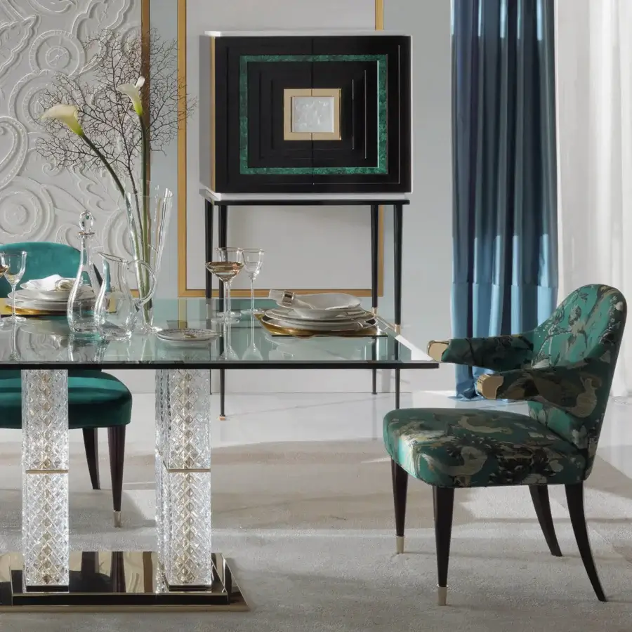 Superior Zanaboni B/5080 bar cabinet with dark ebony wood, glossy finish and geometric malachite stone inlay framed in polished brass