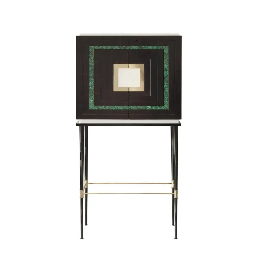 Lavish Zanaboni B/5080 bar cabinet with dark ebony wood, malachite stone inlay and satin finish