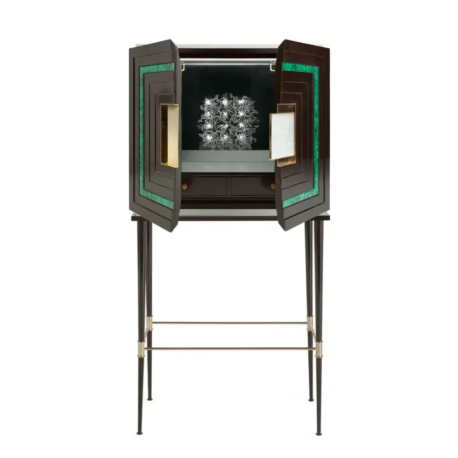 Distinguished Zanaboni B/5080 bar cabinet crafted in dark ebony wood with glossy finish, malachite stone inlay and frosted glass carvings
